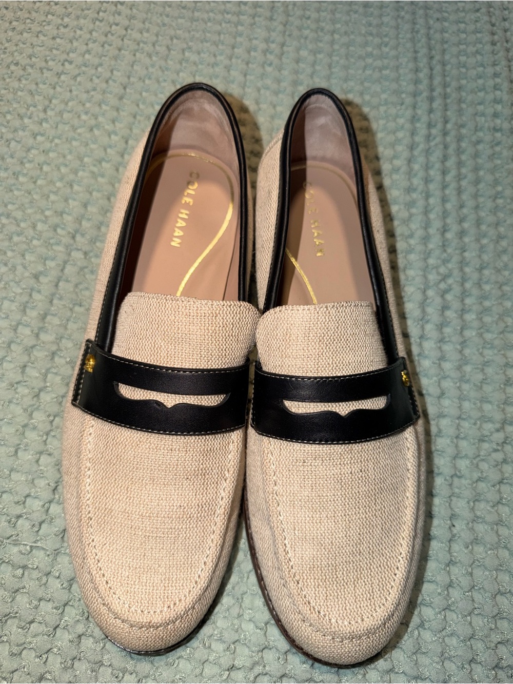 Cole Haan Beige Canvas & Black Leather Penny Loafers